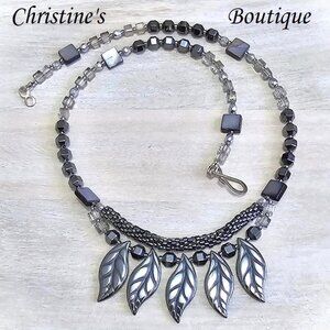 HandmadeHematite necklace, handcrafted necklace,hematite leaves, czech crystal